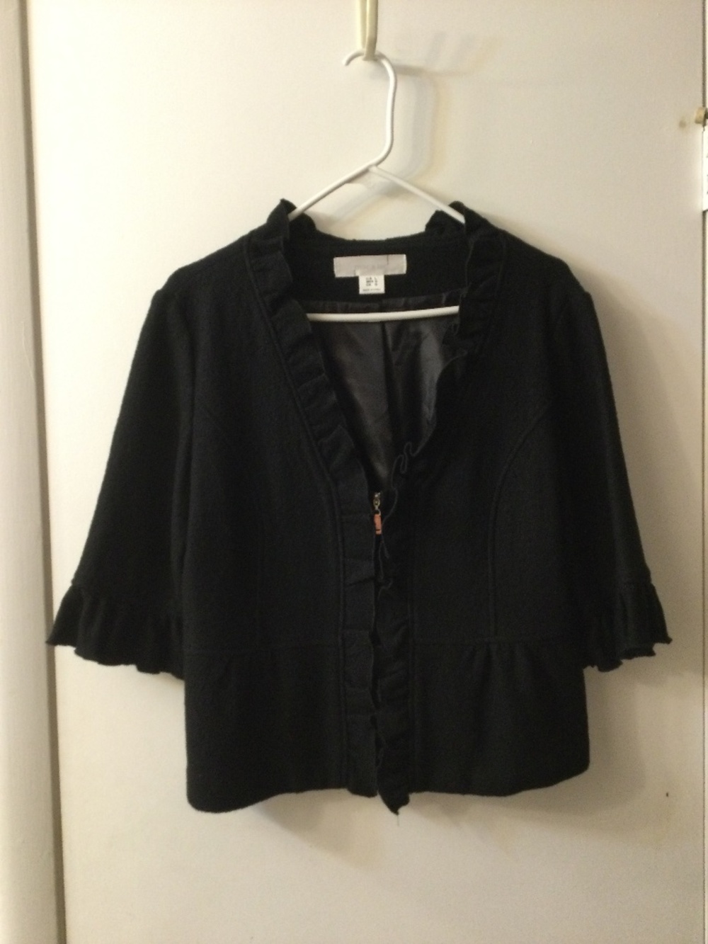 Mac & Jack Black Rayon / Wool  3/4 Sleeve Ruffled Zip Jacket Blazer Sz L